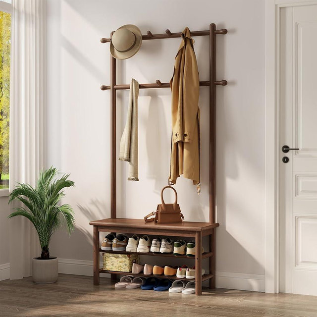AQIMUELE Coat Rack with Shoe Storage, Wooden Hall Tree with Bench, 11 Hooks and 2-Tier Storage Shelves, 3-in-1, Entryway Bench with Coat Rack (31.5"-Walnut)