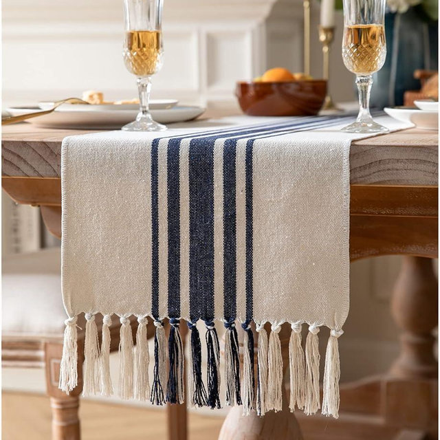 Boho Table Runner for Modern Farmhouse Decor, Dining Table décor 13 x 90 Inch Long with Handcrafted Tassels, Navy Blue and Beige Stripe Table Runner for Home Boho décor