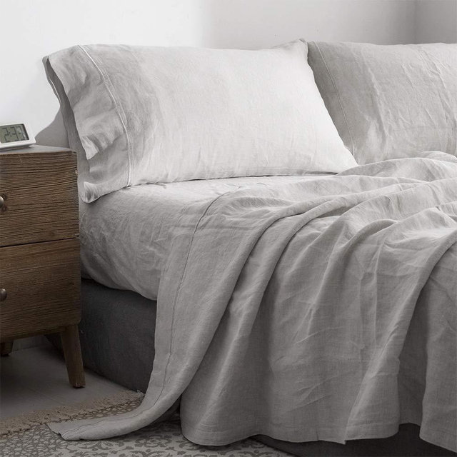 Simple&Opulence 100% Pure Linen Sheet Set Full Size, Natural French Flax Solid Color 4 Pcs Washed Breathable, Farmhouse Bedding (1 Flat Sheet,1 Fitted Sheet,2 Pillowcases)-Embroidery Grey