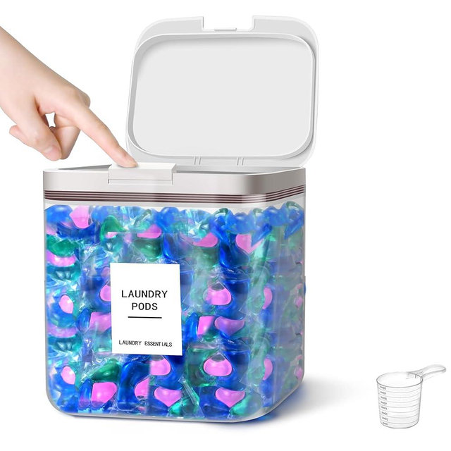 186oz/5.5L Laundry Pods Container for Room Organization, Pod Up Holder With 30 Labels and Scoop, Detergent Powder Container, Dryer Sheet Holder, 220 Pods