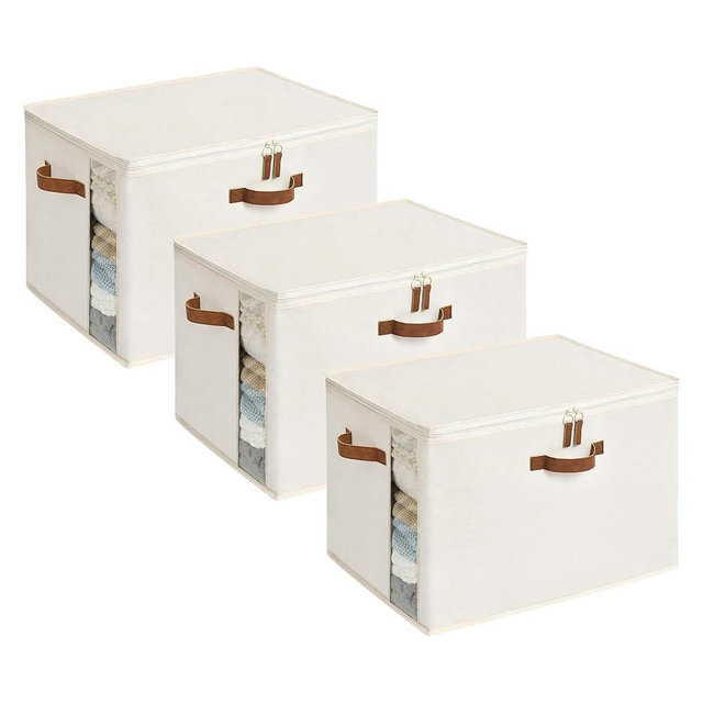 StorageWorks 135L Comforter Storage Bag with Handles, Clothing Storage Container for Quilt, Sheet, Bedding, Large Closet Organizer with Dual Zipper, Underbed Organization and Storage, Beige, 3-Pack