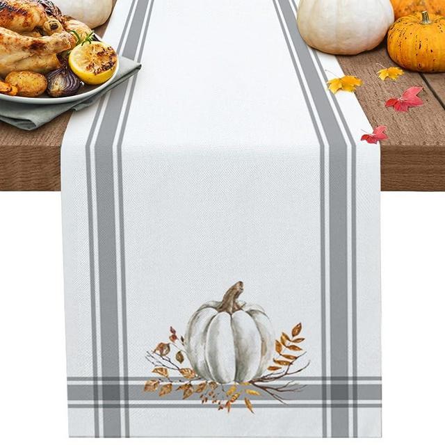 Fall Thanksgiving Table Runners 70 Inch Decorations White Pumpkin Leaf Branch Runners for Dining Tables Gray Stripes Autumn Dinner Runner Kitchen Parties Decor