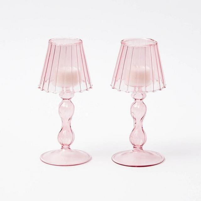Pink Glass Lantern Tea Light Holder (Pair)