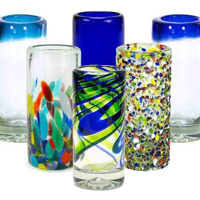 MEXART Artisan Crafted Hand Blown 6 Defferent Design Collection Recycled Glass Shots Glasses, 2 oz. 'Classic' (set of 6)