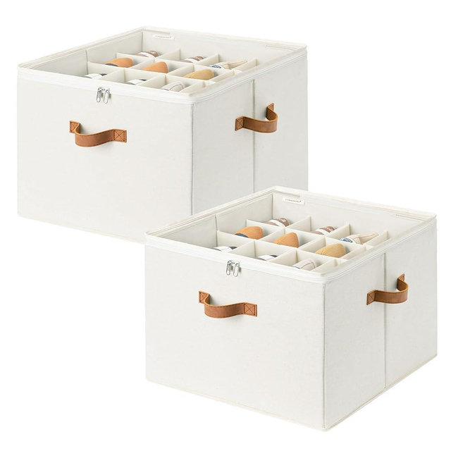 StorageWorks 2 Pack Shoe Organizer for Closet, Foldable Shoe Storage Box with Adjustable Dividers, Fabric Shoes Container, Stackable Storage Bins for Boots, Sneakers, Fits up to 16-32 Pairs, Beige