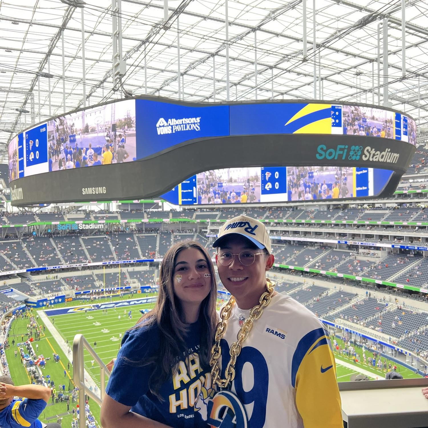 September 2022 - Cheering on the Rams at our first Rams game together at SoFi Stadium.  The Rams protected the Rams House as they prevailed 31 to 27 over the Atlanta Falcons.