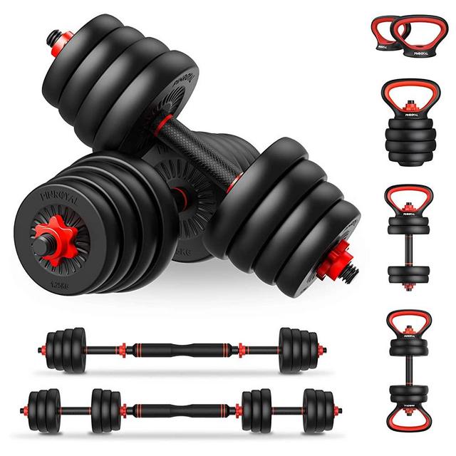 PINROYAL 4 in 1 Adjustable Dumbbell Set, 44LB/66LB/88LB Free Weights Dumbbells Set with Connecting Rod Used as Barbell, Non-slip Handles & Base for Kettlebells, Push up, Fitness Home Gym for Men Women