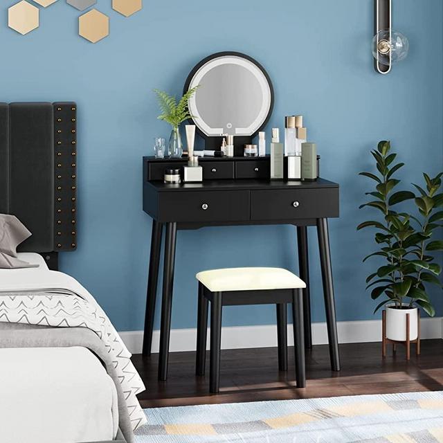 HIFIT Vanity Desk with Lighted Mirror and Soft Cushioned Stool, Vanity Set with 6 Drawers, Makeup Vanity Desk with Touch Screen Dimming Mirror with 3 Color Lighting, Black and Beige