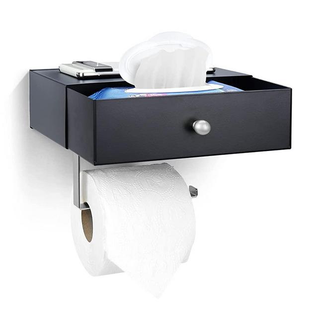 Atlas Home Toilet Paper Holder with Shelf - Flushable Wipes Dispenser & Storage Fits Any Bathroom, Keep Your Wet Wipes Hidden - Stainless Steel Wall Mount Bathroom Organizer (Black + Silver)