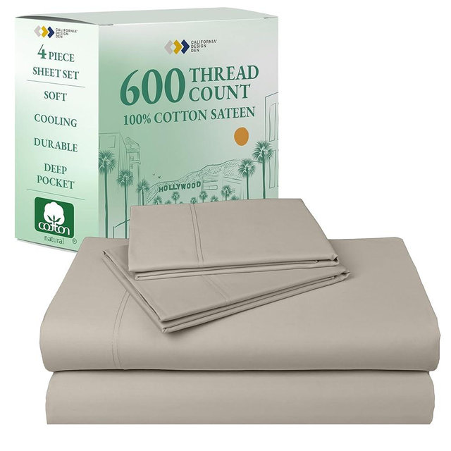 California Design Den Hotel Quality King Bed Sheets Set - Luxury 600 Thread Count Sateen, Natural 100% Cotton King Sheet Set, Fully Elasticized Deep Pockets, Cool and Durable Bedding - Soft Linen