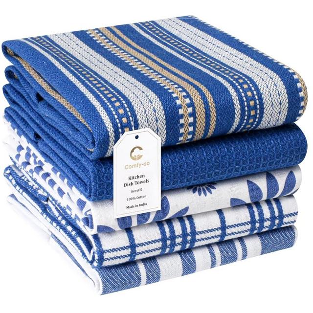 Comfy-co Assorted Kitchen Towels Set of 5 Large 16x26 inches 100% Cotton - Soft Absorbent Tea Towels for Kitchen - Dish Cloths Cleaning Towels with Hanging Loop - Quick Drying Dish Towels Blue