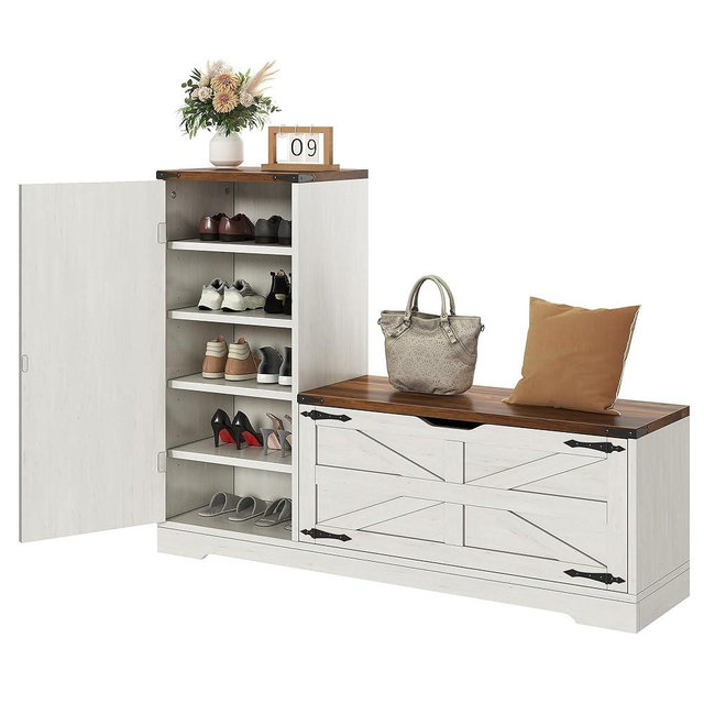 YITAHOME Shoe Cabinet with Bench, Shoe Storage Cabinet with Adjustable Shelves, Farmhouse Shoe Organizer Cabinet, L-Shaped Shoe Cabinet Storage for Entryway, Hallway, Living Room, White & Brown