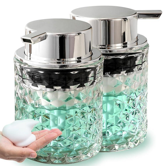 MALACHI Foaming Hand Soap Dispenser， Bathroom Soap Dispenser or Lotion Dispenser for Kitchen,Refillable Clear Glass Soap Dispenser with Large Pump (Light Clear-2ps)