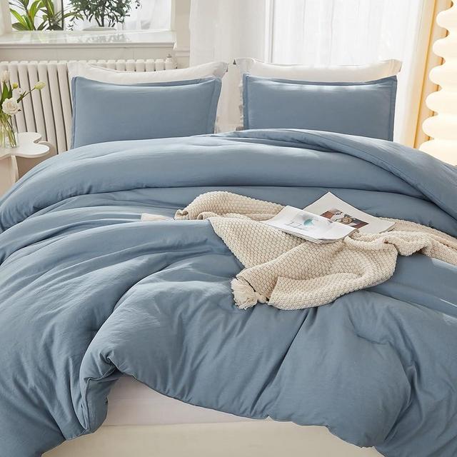 Litanika Comforters Grayish Blue Oversized Queen Size, 3 Pieces Lightweight Solid Bedding Comforter Set, All Season Fluffy Bed Set (98x98In Comforter & 2 Pillowcases)