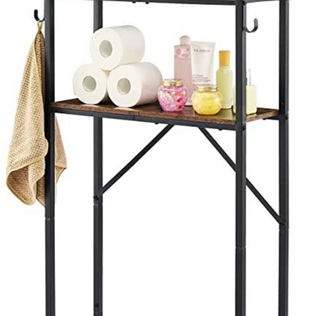 Hoctieon 3-Tier Over The Toilet Storage, Multifunctional Wood Bathroom Organizer, Space Saver Bathroom Shelf Over Toilet, Stable Freestanding Toilet Rack With Hook, Metal, Rustic Brown And Black