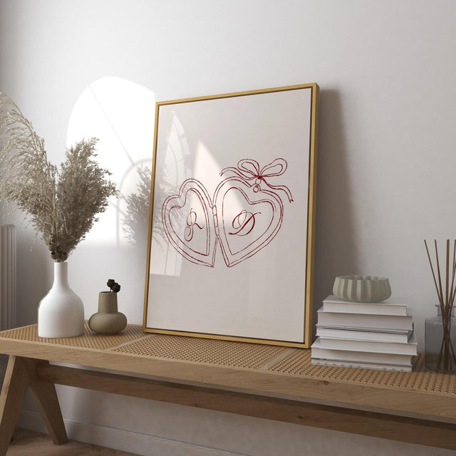 Custom Couples Initial Locket Art Print Poster, Couple Gift, Trendy Retro Print, Bedroom Wall Art,Bedroom Prints, Couple Names Above Bed
