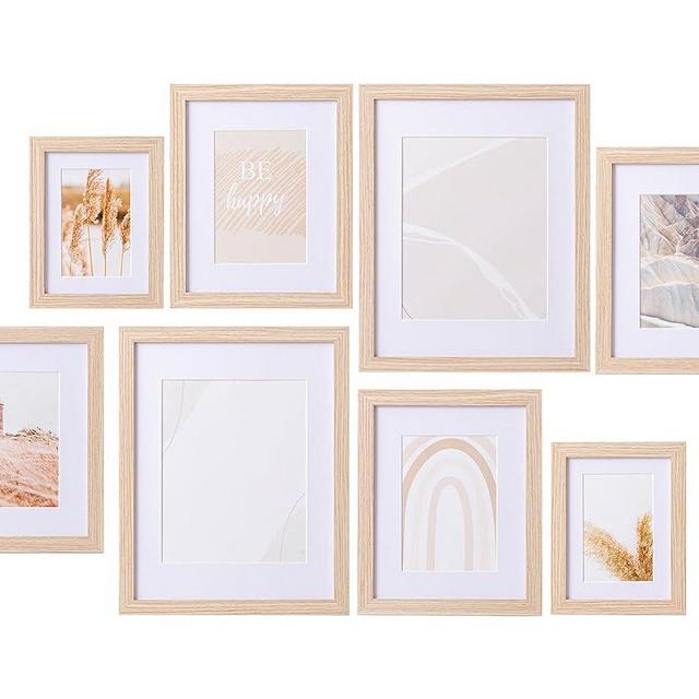 eletecpro Gallery Wall Frame Set of 8 with 2 pack Art Prints, Including 2Pcs 6x8, 4Pcs 8x10, 2Pcs 11x14 Picture Frame Collage Wall Decor or Tabletop Display, Natural
