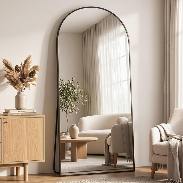 Homsion 76"x34" Arched Full Length Mirror with Stand, Free Standing Leaning Wall Mounted Aluminum Alloy Frame Mirror for Bedroom Living Room Cloakroom, Black