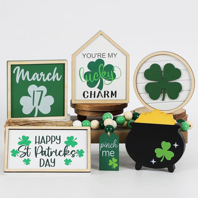 Joyseller St. Patrick's Day Decorations | 6PCS St. Patrick's Day Tiered Tray Decor | Luck Shamrock Wooden Signs Irish Decor | Happy Saint Patrick’s Centerpiece for Home Table Shelf Party