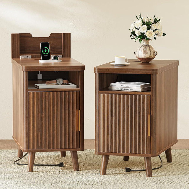 Huuger Narrow Nightstand with Charging Station, USB-C Port, Set of 2 Night Stand, Fluted End Table with Storage Cabinet, Back Rack, Side Table for Small Spaces, 13.4×23.6 Inch, Walnut