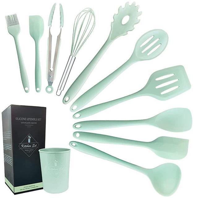 K & G Silicone Cooking Utensils Set of 11 Pieces Food Grade, Heat Resistant Green Kitchen Utensils Set Non-Stick Dishwasher Safe, Odourless and Cookware Friendly utensils
