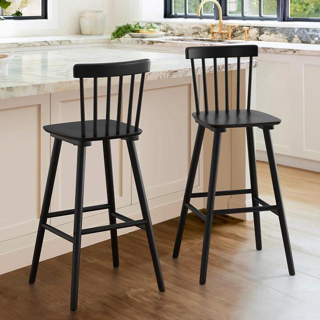LUE BONA Windsor Wooden Barstools Set of 2 for Kitchen Island, Farmhouse 30 Inch Bar Height Stools Chairs with Spindle Back for Bar Bistro, Black