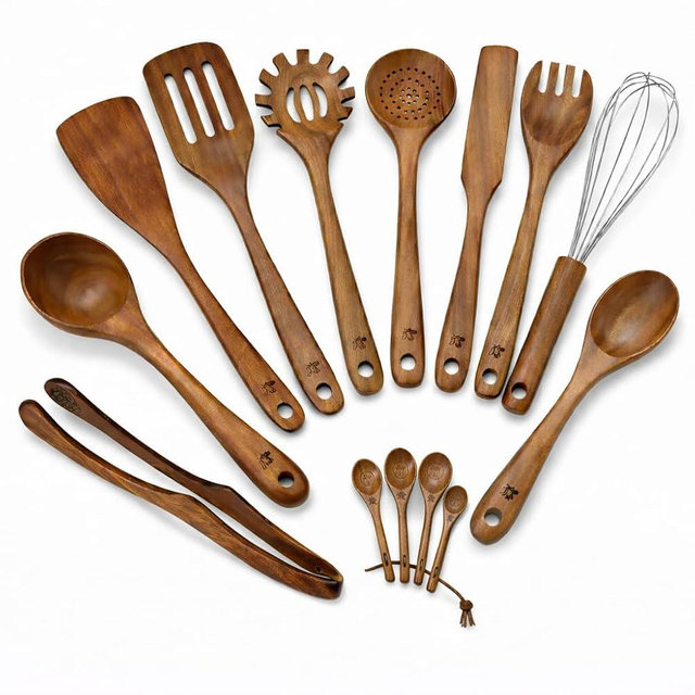 Maple Mill Teak Wood Spoons - Set of 10 Spoons plus 4 Measuring Spoons