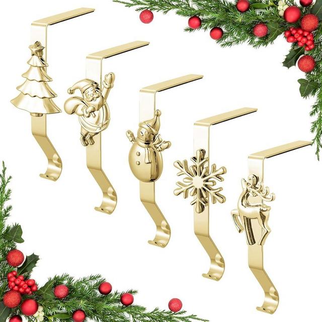 Stocking Holders for Mantle, Set of 5 Christmas Stocking Holders for Fireplace, Stocking Hangers for Mantel, Snowflake Reindeer Tree Santa Stocking Hanger Hooks for Christmas Mantel Decoration, Gold