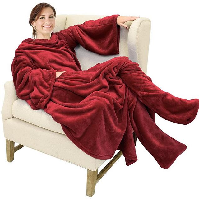 Catalonia Wearable Fleece Blanket with Sleeves and Foot Pockets for Adult Women Men,Micro Plush Comfy Wrap Sleeved Throw Blanket Robe Large,Wine