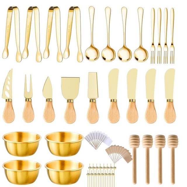 49Pcs Gold Charcuterie Boards Accessories Mini Charcuterie Utensils Cheese Butter Spreader Knives Stainless Steel Cutlery Tongs Spoons Forks Bowls Wooden Toothpicks for Kitchen Wedding Christmas Gift