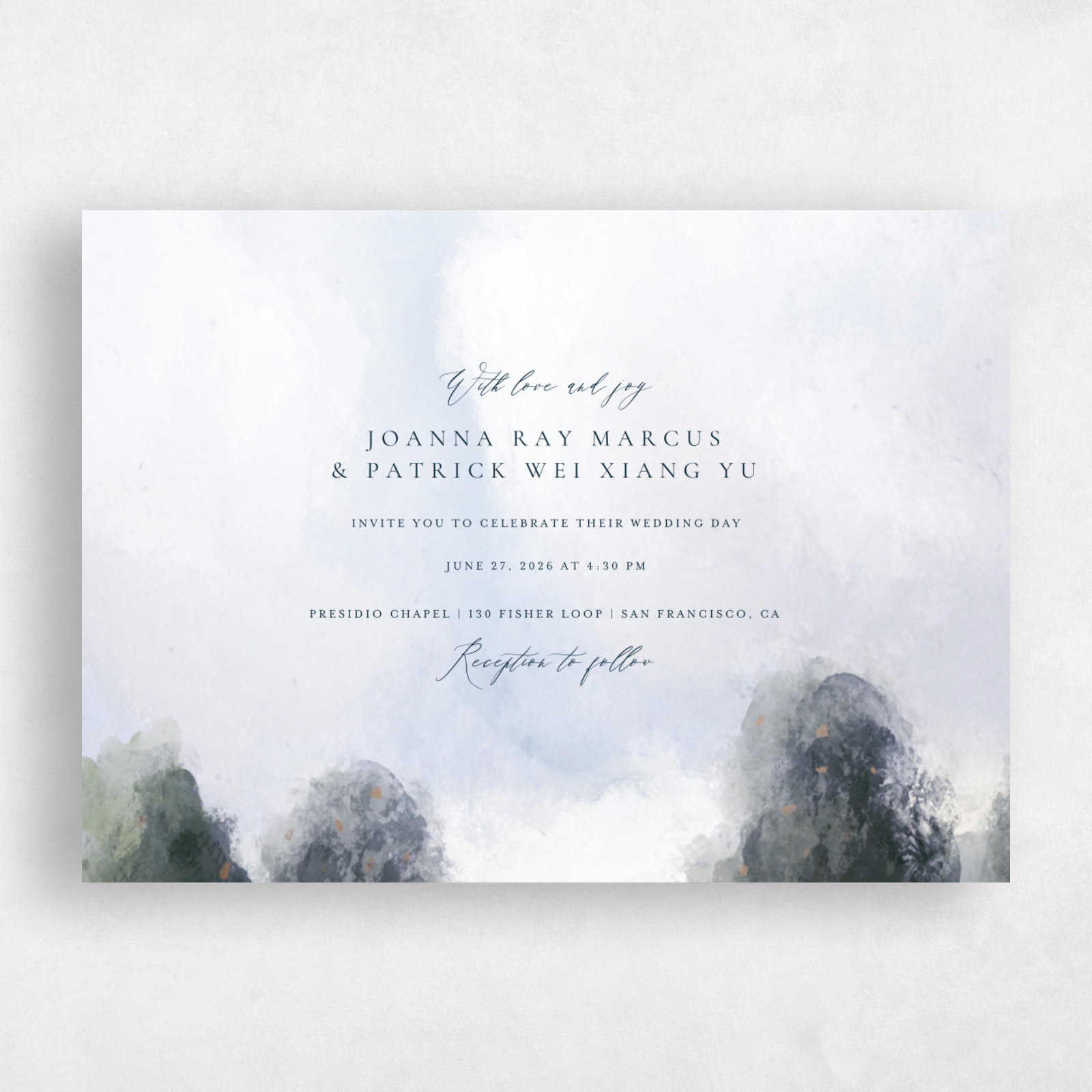 Carroway Landscape | Grayed Teal | Zola Wedding Invitations, image size:1600x1600