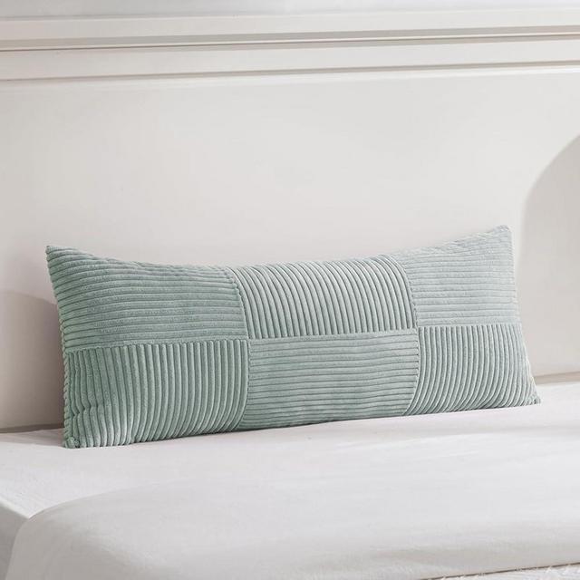 Fancy Homi Set of 1 Grey Blue Boho Long Lumbar Body Decorative Throw Pillow Cover 14x36 Inch for Bed Couch Bedroom Bench, Soft Patchwork Corduroy Textured Pillow Case, Rustic Farmhouse Room Decor