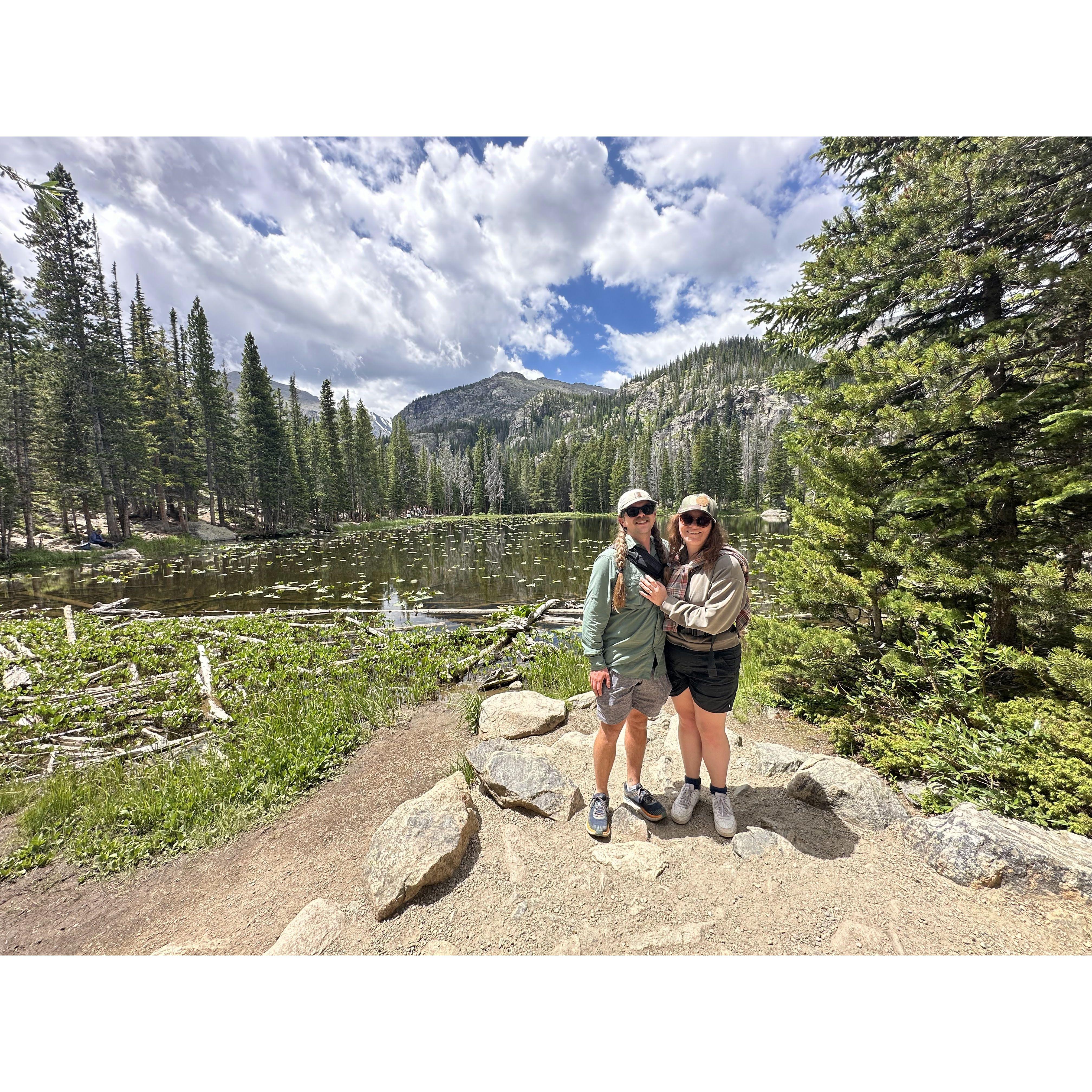 Enjoying the views at Rocky Mountain National Park the day after Dillan proposed.