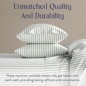 Brooklinen Luxury Sateen 4 Piece Sheet Set - 100% Cotton Bed Sheets, Durable Queen Size Sheets Set in Green Tandem Stripe, Oeko-TEX Certified Bedding Set, 1 Fitted Sheet, 1 Flat Sheet, 2 Pillowcases