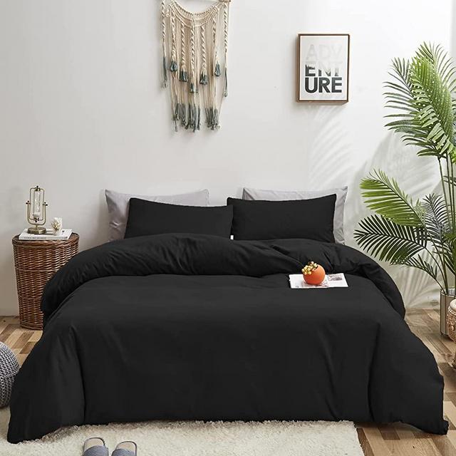 KAREVER Black Comforter Set Queen Black Bedding Set Pure Black Queen Comforter Soft Durable Comforter Set Men Breathable Bed Set Lightweight Solid Black Blanket Women Soft Black Bed Comforter Queen
