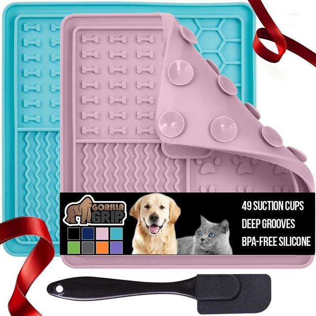 Gorilla Grip Lick Mat for Dogs, Deep Grooves for Dog and Cat Enrichment Toy, Strong Suction Grip, Freezer Safe, BPA Free Silicone Licking Pad for Bath, Grooming, Nail Trimming, Turquoise Pink 2 Pack