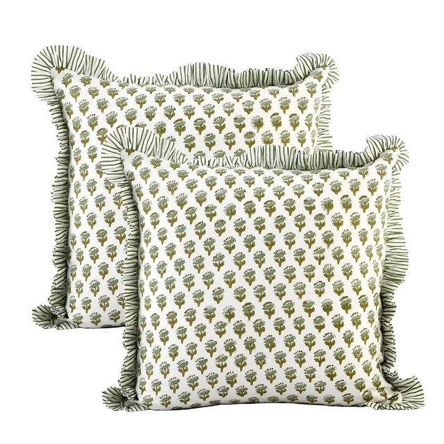 CPC Emerald Green Ruffle Throw Pillow Covers for Couch, 24x24 Inch Cotton Stripe Ruffle Couch Pillows for Living Room, Hidden 20 Inch Zipper Boho Pillow Case or Cute Outdoor Pillows