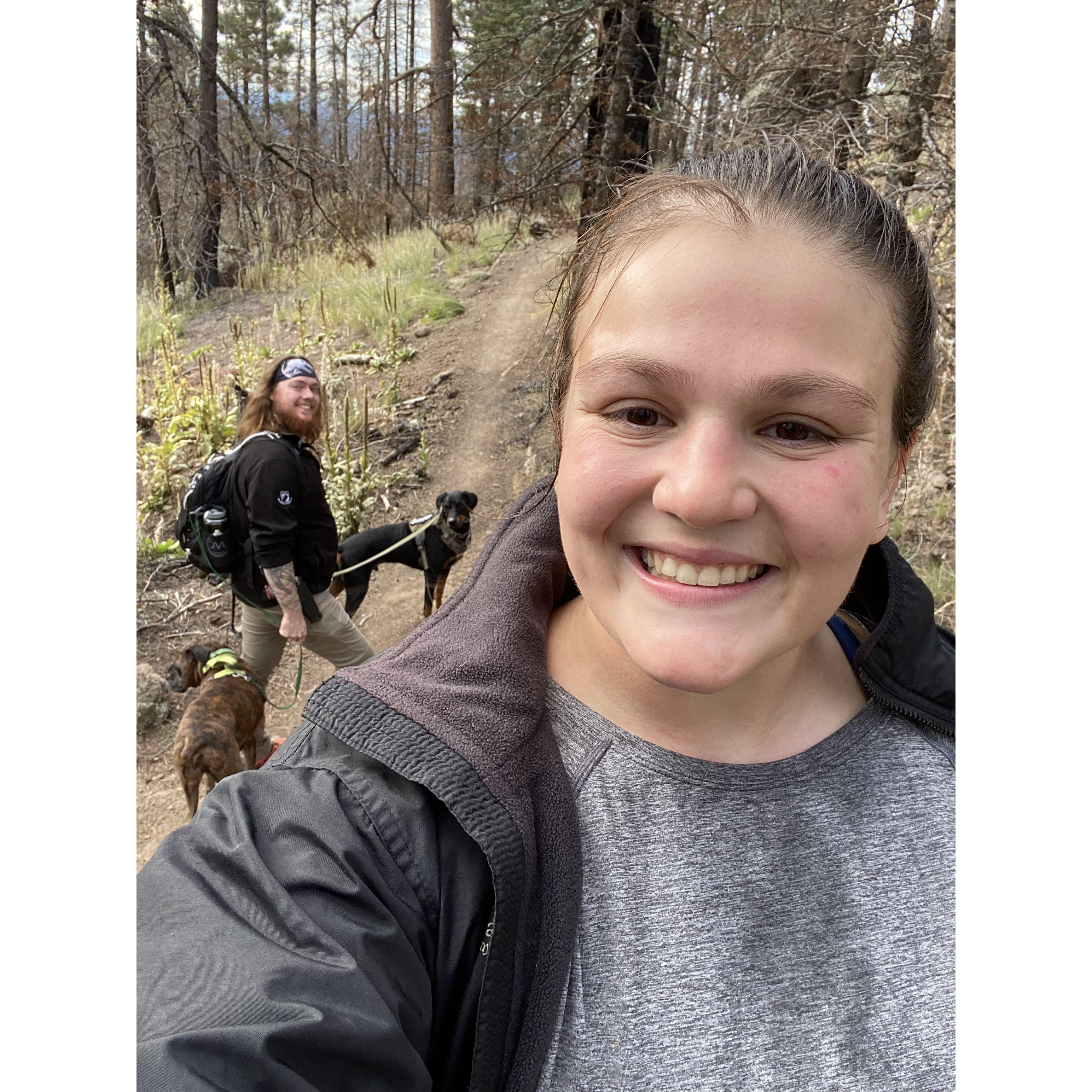 Hiking with Gunner and Mina in Flagstaff.