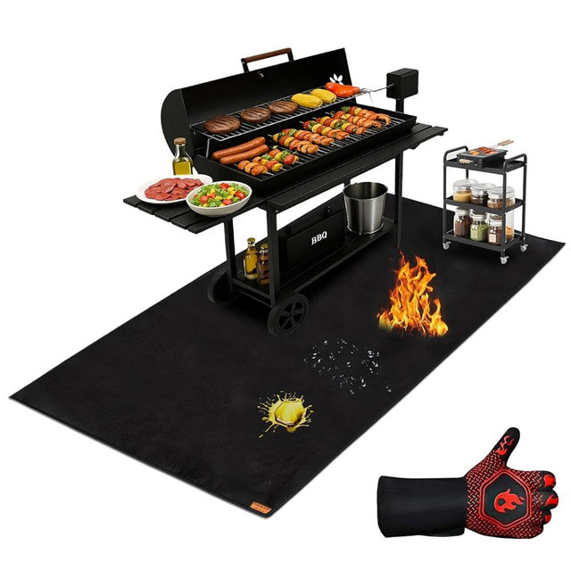 60 x 40 Inch Under Grill Mats for Outdoor Grill – 4 Layer Fireproof Waterproof Oil-Proof, BBQ Mat with BBQ Gloves, Heavy-Duty 1300g Windproof, with Cotton Insulated Bottom, for Deck, Patio, Fireplace