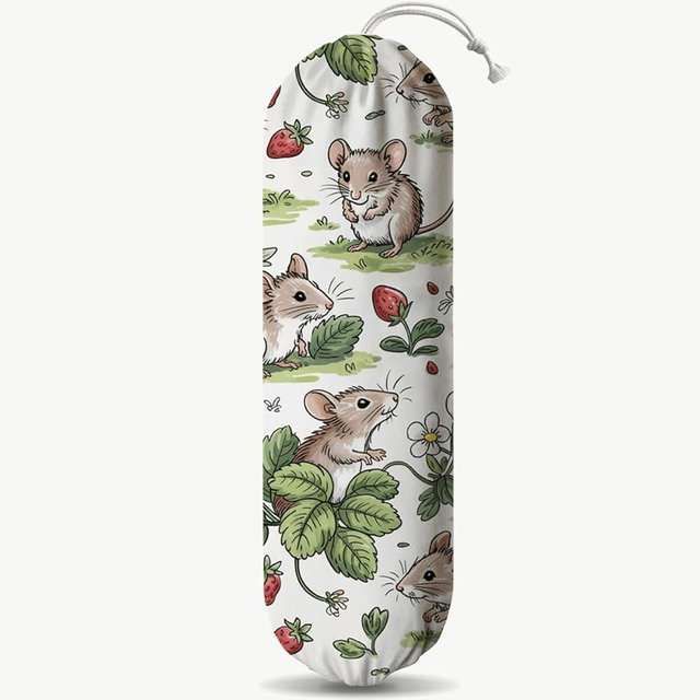 Rats Strawberry Plastic Bag Holder, Reusable Washable Shopping Bags Storage Carrier, Fabric Garbage Trash Bag Dispenser for Home Kitchen Pantry Cabinet, Wall Mount, Kitchen Housewarming Gifts