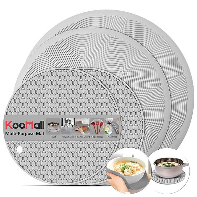 4 in 1, KooMall Trivets for Hot Dishes, Multi-Purpose Microwave Mat- As Pot Holders, Drying, Place Mat, Utensils Rest, Silicone Pads for Hot Pots Pans Kitchen Counter, Heat Resistant,Gray 10'' 8'' 7''