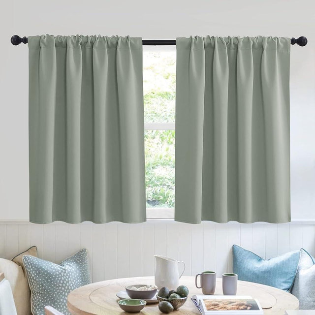 RYB HOME Short Grayish Green Blackout Curtains for Small Bedroom Window, Insulating UV Blocking Drapes for Kitchen Cafe Basement, Privacy Tiers for Bathroom Window, Width 42 by Length 36, Set of 2