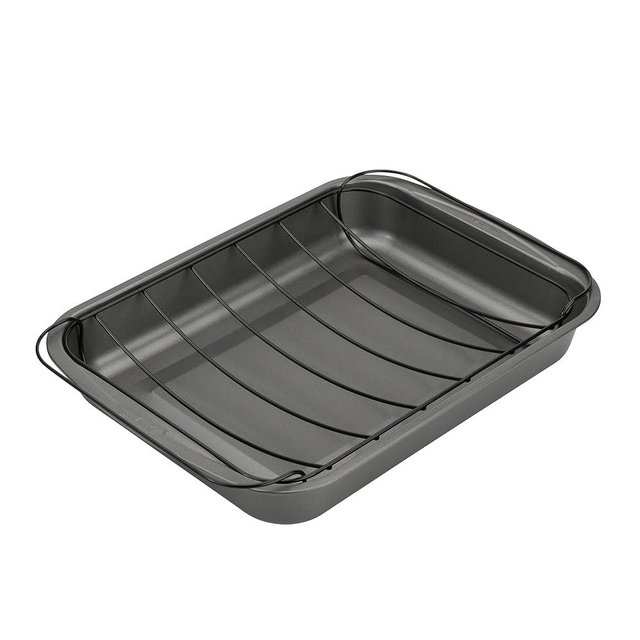 GoodCook Everyday Roast Pan with Rack Rectangular Nonstick Construction Large Capacity Metal Utensil-Safe, 15 x 11-Inch, Gray
