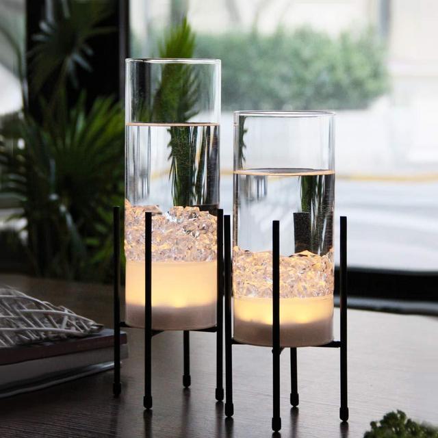 Flower Vase for Decor, Glass Table Vase Set for Flowers Plants , Clear Vase with Black Stand, Modern Decorative with Timer LED Lights Battery Operated ,Centerpiece/Wedding/Party(Set of 2)