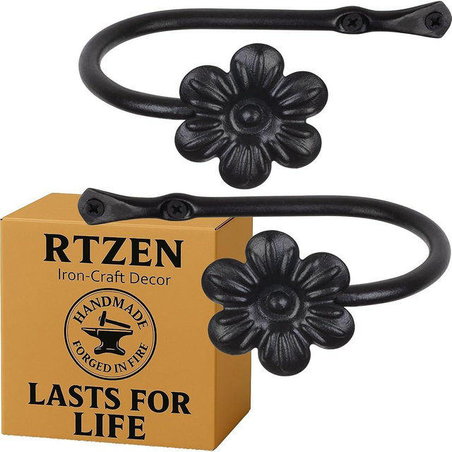 RTZEN Decorative Metal Curtain Tiebacks - Farmhouse Wrought Iron Curtain Holdbacks - Drapery Holders for Wall - Unique Metal Tie Backs for Curtains - 2 Pcs (Black Flower)