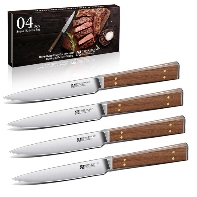 Purple Dragon Steak Knives Set of 4 - Smooth Edge Non-Serrated Blade with Square Wooden Handle – Elegant, Balanced, High Carbon German Steel - Christmas Gift for Men and Women