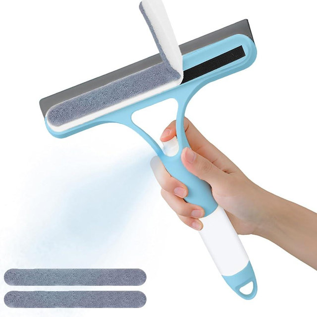 Pro 3 in 1 Window Cleaning Scraper with 2 Replaceable Cleaning Cotton Strips, 3 in 1 Spray Squeegee, Window Squeegee, Suitable for Cleaning Bathroom Glass, Mirrors, Car Windows (Blue)