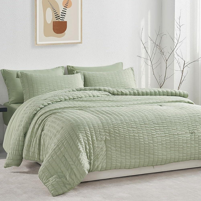 JELLYMONI Seersucker Comforter Set Queen Size with Sheets, Light Green Fluffy Bed in a Bag 7-Pieces, All Season Bedding Sets with Comforter, Pillow Sham, Flat Sheet, Fitted Sheet