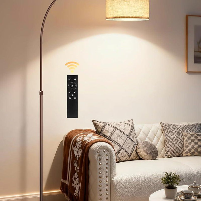 75" Arc Floor Lamp with Marble Base and Adjustable Height, Rotating Hanging Shade, Dimmable Floor Lamp for Living Room with Remote and Foot Switch, 3CCT, Over Couch Arched Light, Beige Brown VE15LD05