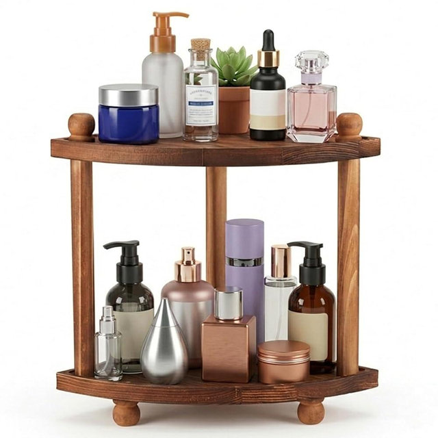 Corner Bathroom Counter Organizer, 2-Tier Bathroom Organizers and Storage, Wooden Vanity Perfume Organizer Makeup Countertop Shelf for Kitchen Dresser